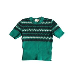 Marni Green Fair Isle Ribbed Short Sleeve Knit Sweater Made in Italy Size 40